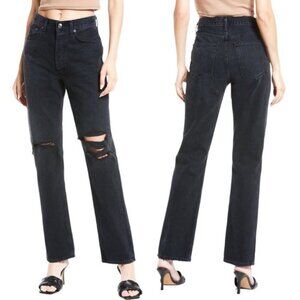 Agolde Lana Mid Rise Vintage Straight in Disorder Washed Black Distressed Jeans